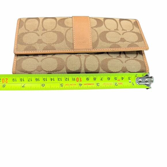 Coach Signature Canvas Tan Leather Trifold Wallet Khaki Beige - Picture 10 of 12